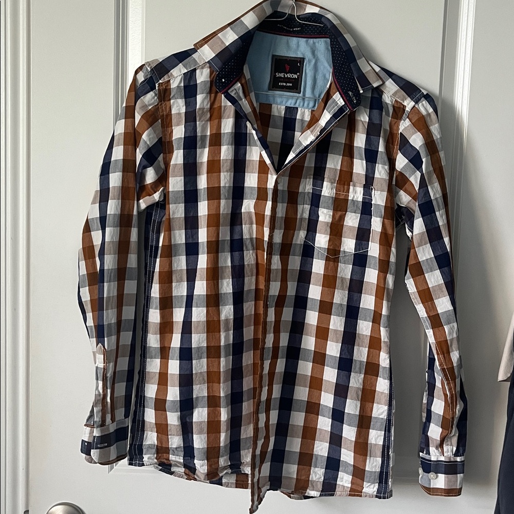 Shevron Blue, Brown and white Plaid button down shirt.